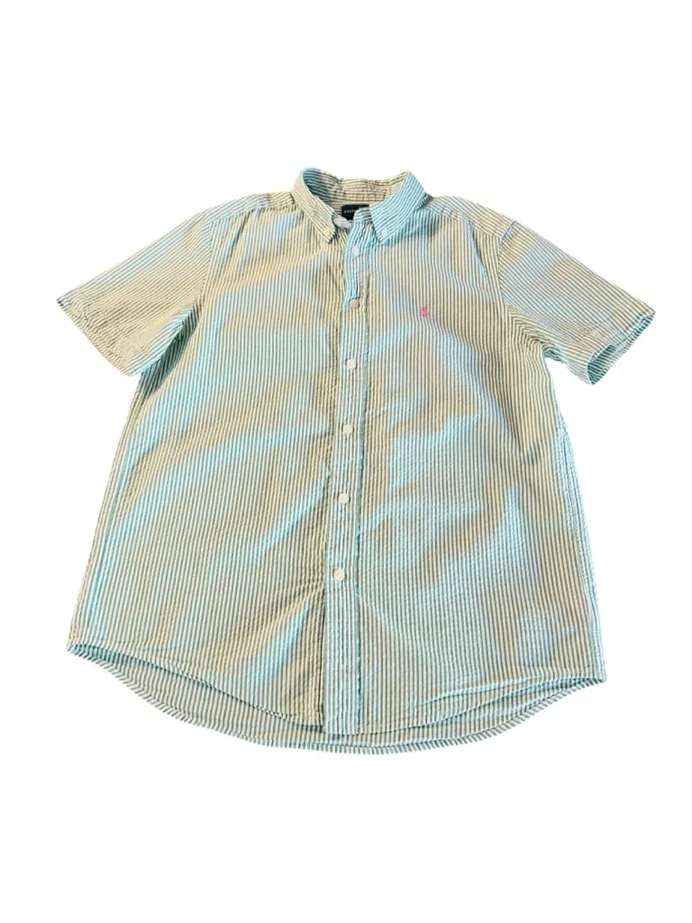 Ralph Lauren Green & White Striped Short-Sleeve Button-Down Shirt Boys SZ 14-16